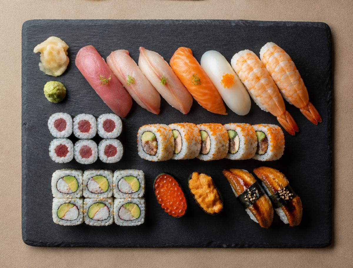 Uppläggning av nigiri, maki och sashimi på svart skifferfat